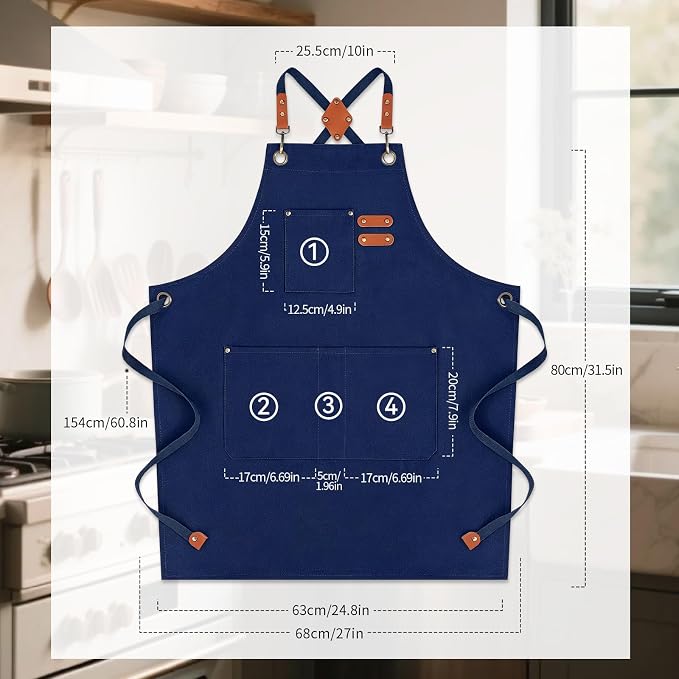 Chef Aprons for Men Women with Large Pockets, Cotton Canvas Water Repellent Kitchen Apron for Cooking - Image 7