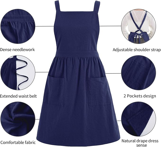 Pinknoke Cute Cotton Pinafore Aprons for Women with Pockets for Kitchen | Vintage Apron Dress,Adjustable Cross Back,2 Pockets,Long Straps,for Cooking Backing Gardening Painting Cleaning Gift Giving - Image 6