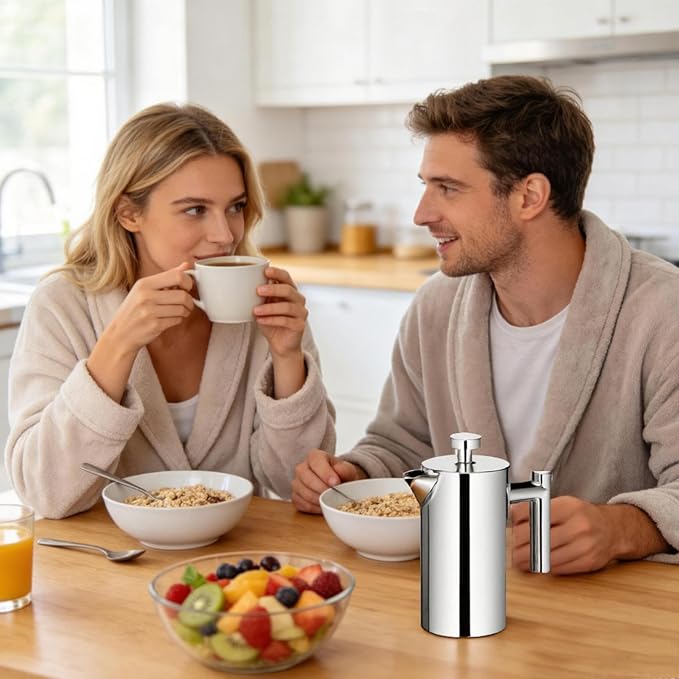 Miuly 21 oz Stainless Steel French Press 600ML Coffee Press with 3 Level Filtration System, Double Wall Insulated French Press with 2 Filters for Home or Office, Silver
