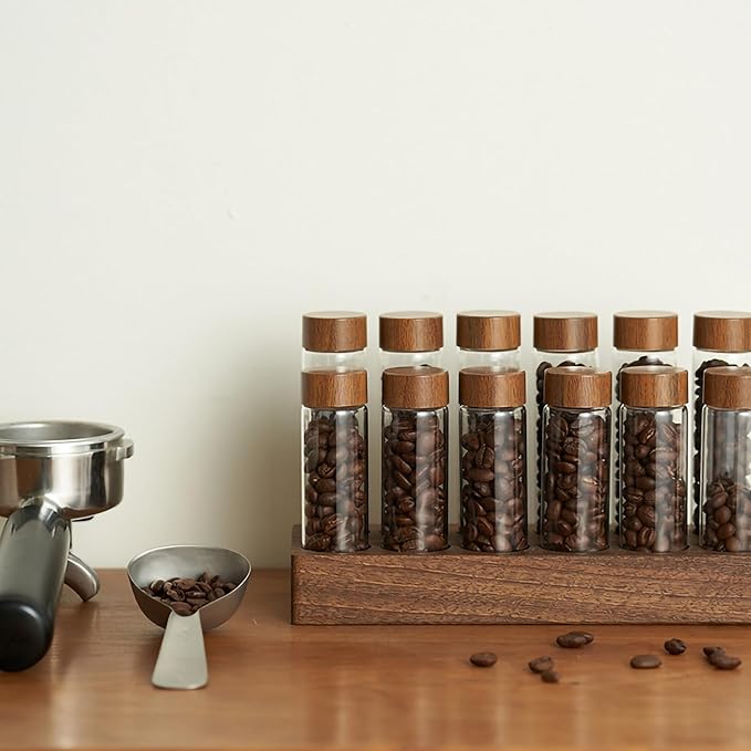 Coffee Bean Storage,Coffee Storage Container with Walnut Solid Wood Base,Coffee Bean Container,12 Tubes Single Dose with Wooden Holder(Type 2)