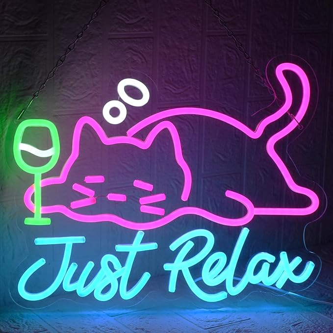 Cat Beer Neon Sign, Just Relax Neon Signs for Wall Decor, USB Dimmable Pink Cat Bar Light Up Sign for Pet Lover Bedroom Bar Birthday Party Game Room Man Cave Home Decor