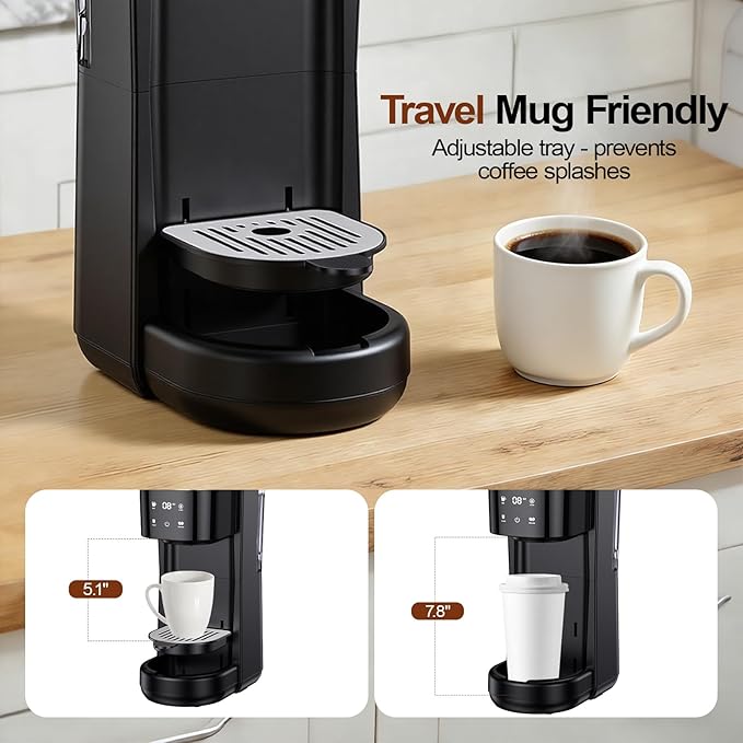 All-in-1 Single Serve Coffee Maker, Fit 7.8" Travel Mug, Hot & Iced K Cup Coffee Machine with 5 Brew Sizes, One Cup Coffee Maker with Descaling and Low Water Alert, 30oz Removable Reservoir, Black