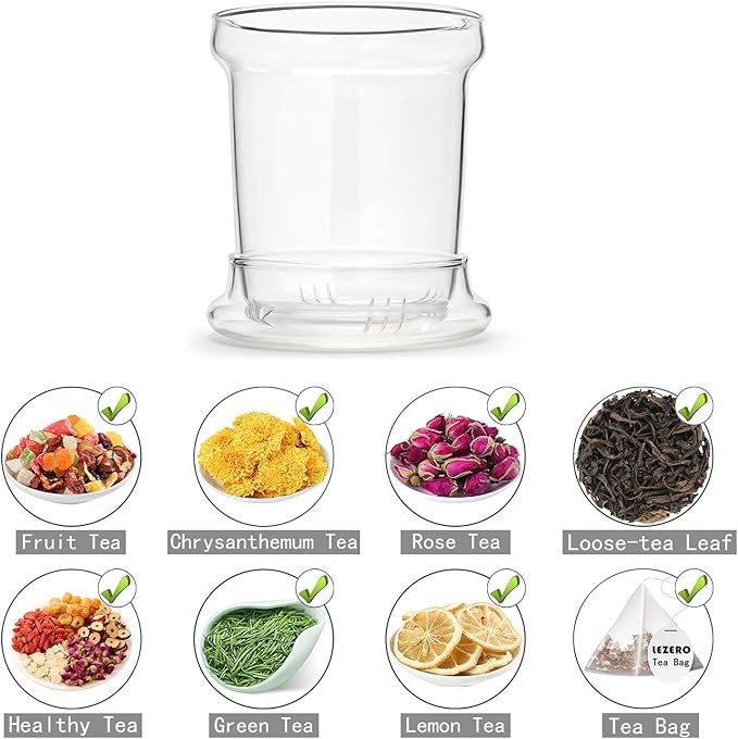 Lezero 14oz Tea Infuser Cups Kit for Loose Leaf-Tea Blooming, Glass Mug with Filter and Lid for Steeping Brewing, Heat Resistance, Lead-free, Microwave & Dishwasher Safe
