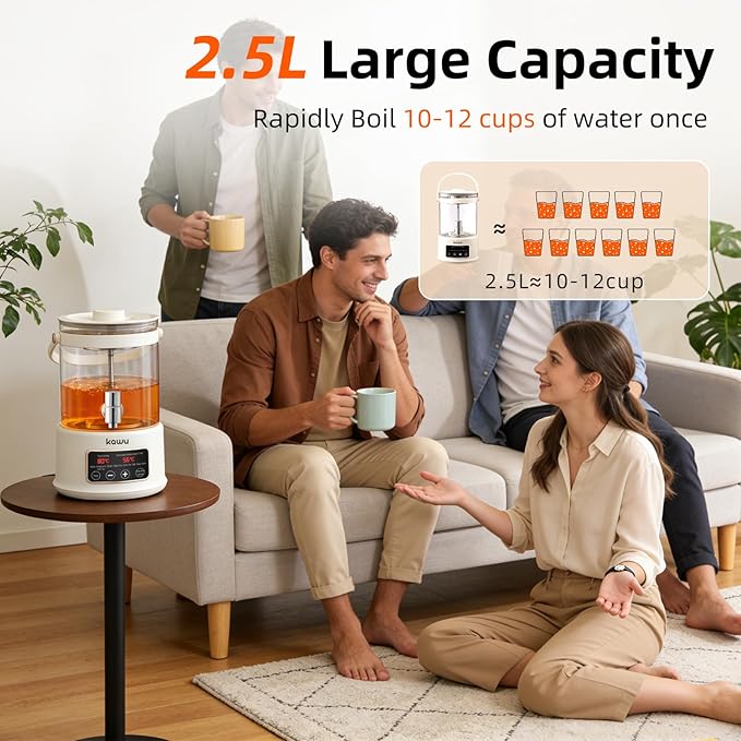 Kawu 2.5L Electric Kettle & Tea Maker with Steam Infuser, 7-in-1 Glass Water Boiler and Warmer, Variable Temperature Control Hot Water Dispenser, 24H Keep Warm for Tea, Office
