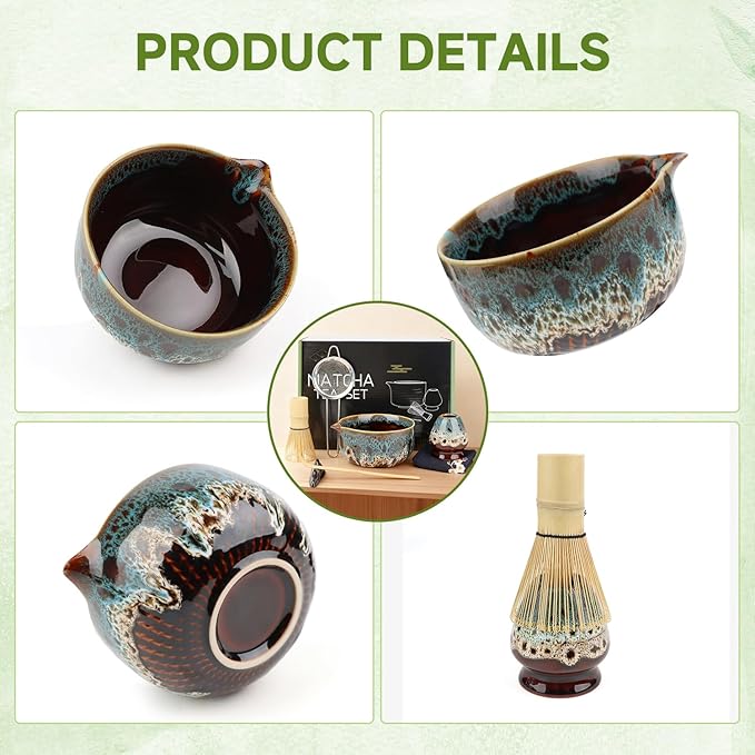 7-Pcs Matcha Whisk Set, Ceramic Matcha Set, Includes Matcha Bowl, Matcha Whisk, Chasen Holder, Bamboo Scoop, Scoop Rest, Stainless Sifter, Tea Towel, Matcha Kit for Matcha Tea Ceremony