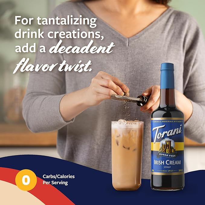 Torani Sugar Free Coffee Syrup, Irish Cream Syrup for Drinks, Zero Calorie, Glass Bottle with Pump Included, 25.4 Fl Oz