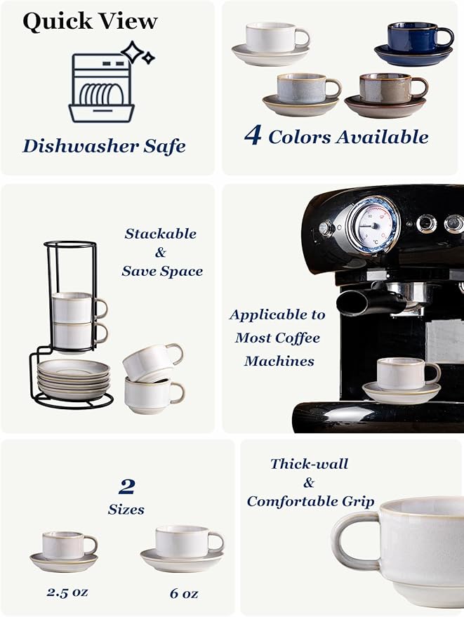 Gomakren 2.5 Ounce Espresso Cups Set of 4, Small Stackable Coffee Cups with Saucers and Metal Stand, Valentine Porcelain Demitasse Cups for Specialty Coffee Drinks, Espresso, Cappuccino, Latte, White
