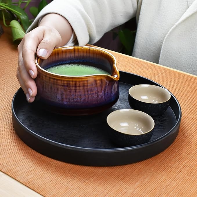 Artcome Matcha Tool Set - Complete Kit with Matcha Bowl with Spout, Bamboo Whisk, Tea Scoop & Whisk Holder, Red-Blue Glaze