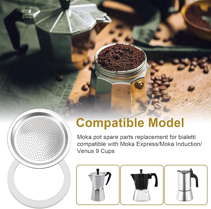 Moka Pot Spare Parts Replacement for Bialetti 9 Cup, Moka Pot 9 Cup Silicone Gasket and Food-grade Aluminum Filter Plate Compatible with Moka Express/Moka Induction/Venus, 6 Pcs Gasket and 2 Plate.