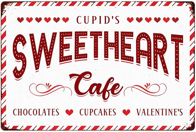 Cupid's Sweetheart Cafe Tin Sign Love Shack Metal Signs Valentine's Day Wall Art Decoration Home Farmhouse Bar Kitchen Cafe Coffee Corner White Day Decor Romantic Gift 12" x 8" by ArtSignsHomeDecor