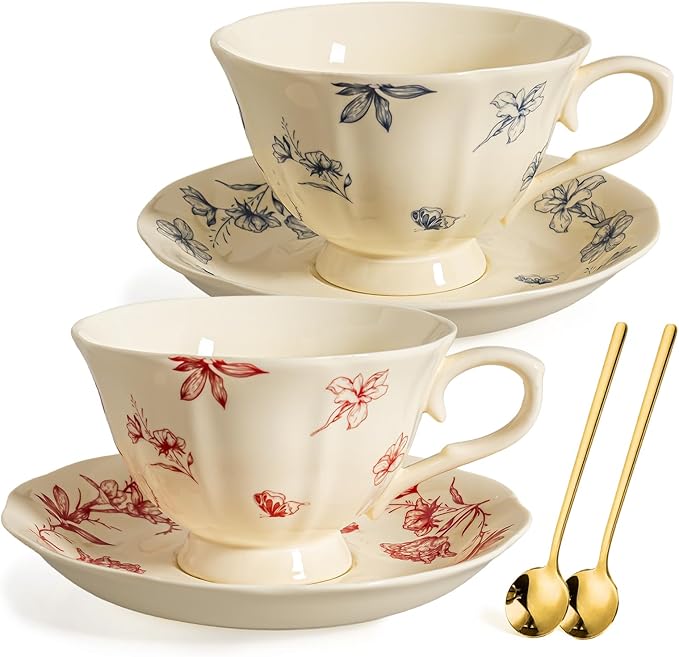 Fancy Ceramic Tea Cups and Saucers Set of 2, 8 oz Cappuccino Cups with Gold Spoons, Small Cream Blue & Red Floral Latte Art Cups, Happy Birthday Gifts