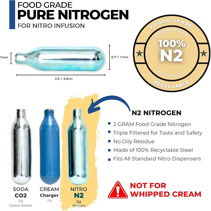 ICO 20pcs Nitrogen Cartridges, N2 Cartridges for Nitro Cold Brew Coffee Maker, 2g Non-threaded Nitro Cartridge for Making Nitro Cold Brew and Nitro Infused Beverages 'NOT FOR WHIPPED CREAM'