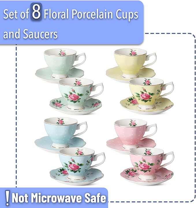 BTaT- Floral Tea Cups and Saucers Set of 8 (8 oz), Porcelain Tea Cup Sets, Assorted Colors with Gold Trim & Gift Box, Dishwasher Safe