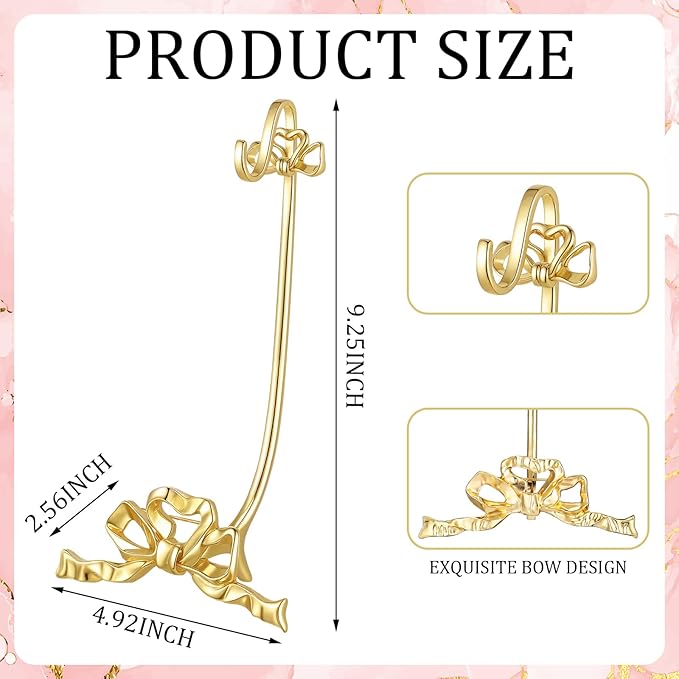 Brass Tea Cup and Saucer Display Stand Vintage Bow Teacup Holders Plate Stand Mug Hooks Classic Durability Countertop Storage for Cabinet Kitchen Counter Bar (4.92 x 9.25 x 2.56 Inches)