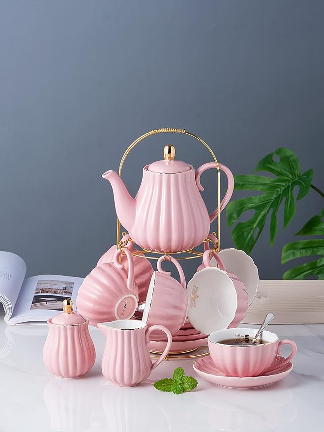 Jusalpha Service for 6- Fine China Pink Coffee Cup/Teacup Set, 8 OZ Cups& Saucer, with Teapot-Sugar Bowl-Cream Pitcher Teaspoons and tea strainer for Tea/Coffee- 24 PC (Pink, Serve of 6)