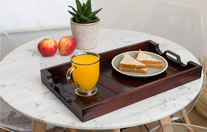 Bamboo Land- Large Wooden Serving Tray with Handle, 20” X 12’’, Dark Brown, Wooden Tray with Handles, Serving Tray with Handles