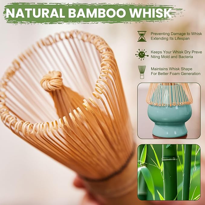 Matcha Whisk Set, Sakura Blue Ceramic Matcha Set Includes Matcha Bowl, Matcha Whisk (Chasen) and Holder, Sifter, Bamboo Scoop & Spoon - 6 Pcs Matcha Kit for Matcha Lovers