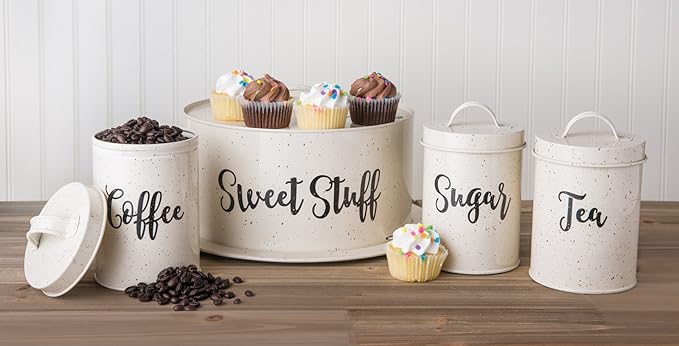 Amici Home Maddox Metal Tea Canister | Dry Food Storage Container | Speckled Cream Canister for Kitchen Countertop | Storage Jar for Tea with Handle | 44 Oz