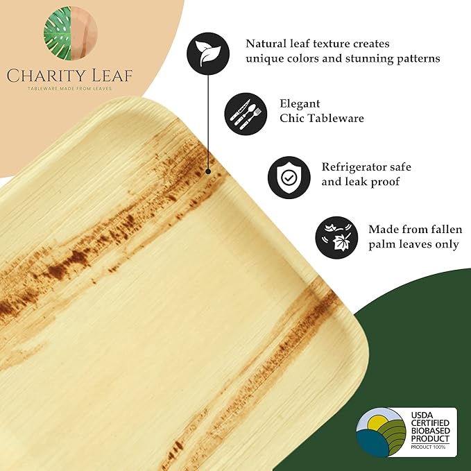 Charity Leaf Disposable Palm Leaf 17" x 12" Rectangle Trays (10 Pieces) Bamboo Like Serving Platters, Disposable Boards, Eco-Friendly Dinnerware for Weddings, Catering, Events
