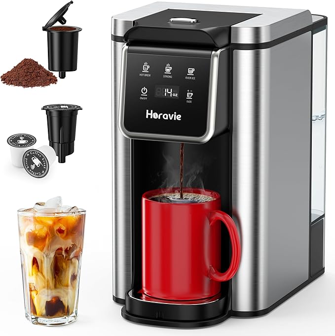 Single Serve Coffee Maker for K-Cup Pod & Grounds, Hot and Iced Coffee Maker, 6 to 14oz Brew Sizes, 50oz Removable Reservoir, Strong Button Feature, Fit 6.5" Mugs, Stainless Steel, Black