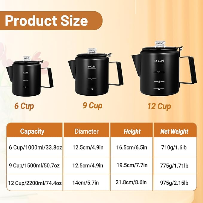 No Coating 6 Cup Percolator Coffee Pot 304 Stainless Steel Moka Pot Stovetop Espresso Maker Italian Greca Cuban Machine 1000ml 33.8oz Suitable for Gas Induction Stovetop Camping Kettle