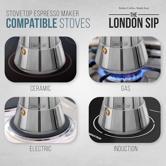London Sip Stainless Steel Stovetop Espresso Maker Moka Pot Italian Coffee Percolator, Silver, 3 Espresso Cups