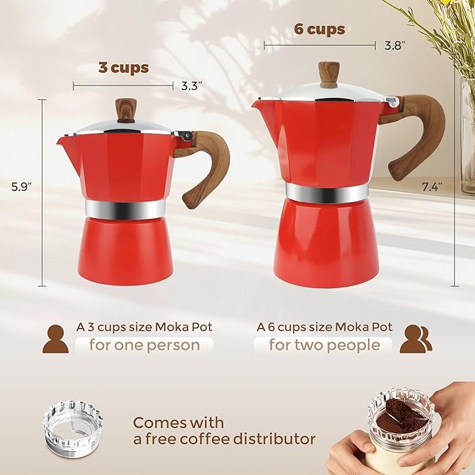 ShanSon Moka Pot Stovetop Espresso Maker 3 Cup 5 oz Italian Coffee Maker Manual Cuban Coffee Percolator Machine Italian Espresso Greca Coffee Maker for Cappuccino or Latte,Red