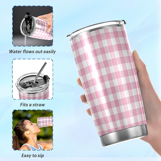 Tumbler Gingham Plaid Pink Insulated Coffee Cup Beverage Container Travel Mug with Straw and Lid Double Wall Stainless Steel 20oz BPA-Free for Sport, Back to School