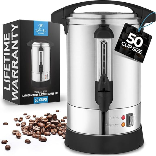 Zulay Kitchen 50 Cups Commercial Grade Coffee Maker Hot Water Urn - Percolator With Double-Wall Stainless Steel, Quick Brew, Stays Hot for Tea & Beverage at Events & Catering - Silver