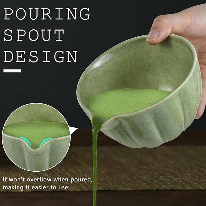 Artcome Matcha Bowl with Pouring Spout and Whisk Holder Set – Premium Ceramic Matcha Tea Bowl with Convenient Spout and Bamboo Whisk Stand for Traditional Japanese Tea Ceremony