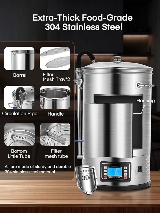 FOHERE Electric Brewing System, 9.2 Gal/35 L Brewing Pot, All-in-One Home Beer Brewer, Stainless Steel Mash Boil Device with 7-step Programmable Mashing Process,10 Recipe Memory (Silver)