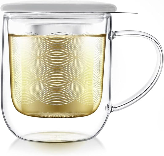 Teabloom Tea-For-One Steeping Mug – Insulated Double Wall Glass Mug (12 oz), Stainless Steel Infuser, Porcelain Lid/Coaster – Radiance Brewing Mug