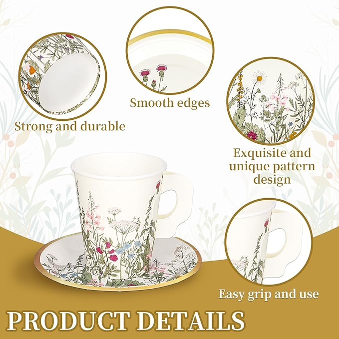 Whaline 80 Pcs Spring Floral Paper Tea Cups and Saucers 9 oz Vintage Wildflower Disposable Paper Tea Cups with Handle and Plates for Wedding Birthday Bridal Baby Shower Mother's Day Tea Party Decor