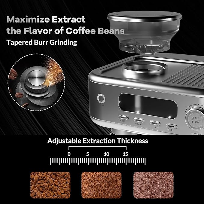 Espresso Machine 15 Bar, LCD Display Espresso Maker with Grinder, Milk Frother and PID Temperature Control, Professional Coffee Maker for Latte Cappuccino - 8.8 Oz Bean Hopper