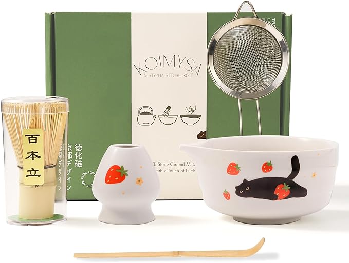 Matcha Whisk Set, 5 Pcs Traditional Japanese Matcha Whisk Preparation Kit, White Glossy Ceramic Bowl with Black Cat and Strawberry Pattern
