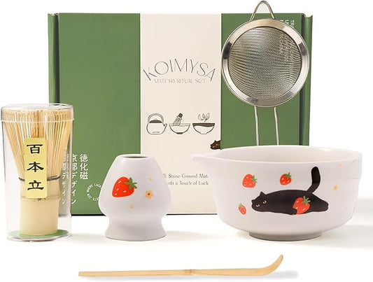 Matcha Whisk Set, 5 Pcs Traditional Japanese Matcha Whisk Preparation Kit, White Glossy Ceramic Bowl with Black Cat and Strawberry Pattern