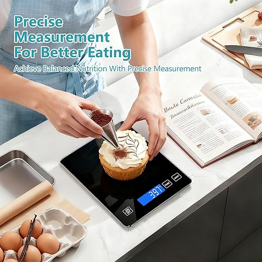 Food Scale, Digital Kitchen Scale 33lb/15kg Steel and Tempered Glass with 1g/0.1oz Precision, Tare & 10 Units, Type-C Rechargeable, LCD Display for Baking, Cooking, Meal Prep, Coffee, Postage Black