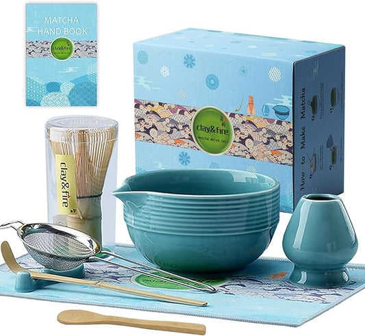Clay&Fire Matcha Whisk Set, Ceramic Matcha Set, Matcha Bowl with Spout and Whisk, 9 pcs Matcha Tea Kit for Matcha Lovers, Ideal Gift Christmas, Birthday (Blue)