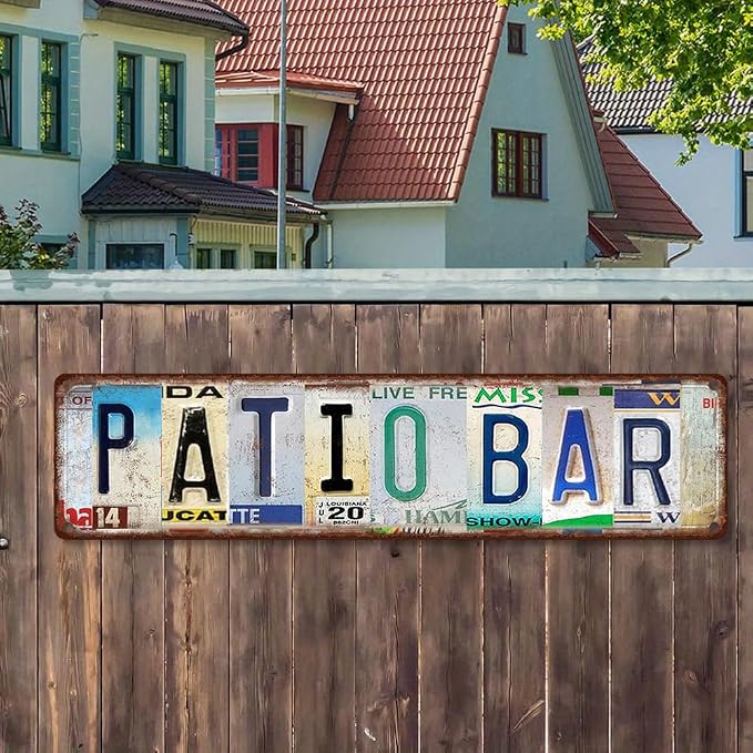 Vintage License Plate PATIO BAR Sign – 16x4 Inch Rustic Tin Wall Décor for Outdoor Patio, Backyard Bar, BBQ Area, Garden Bar or Poolside - Image 4