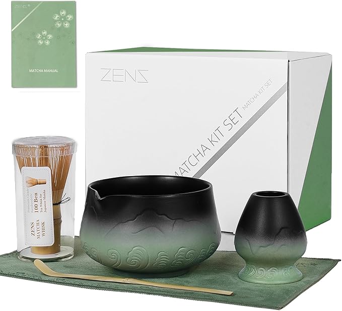 ZENS Matcha Whisk Set, 15oz Ceramic Matcha Set with Bowl and Bamboo Whisk, Scoop, (Chasen Holder) -Tea Towel, 5pcs Matcha Kit for Matcha Lovers, Sage Green