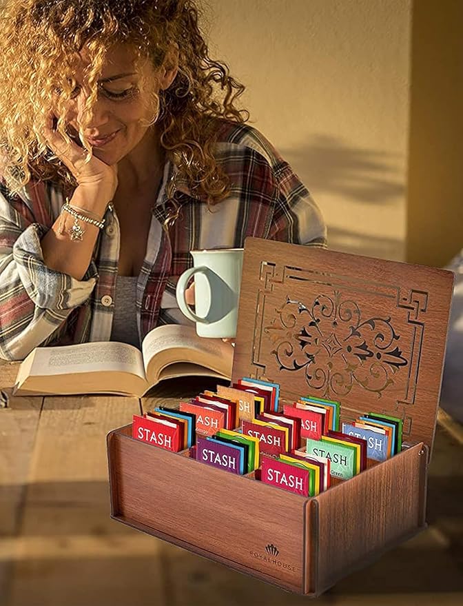 Tea Sampler Gift Box – 80 Tea Bags, 28 Unique Flavors – MDF Wooden Organizer – Premium Variety Pack for Family, Friends, Coworkers – Brown Edition