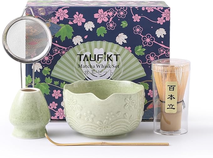 Matcha Whisk Set, 5 Pcs Ceramic Matcha Set, Matcha Kit Set Includes Matcha Bowl, Matcha Whisk and Holder, Bamboo Scoop and Sifter, Matcha Tea Set, Ideal Gift for Family/Friend (Cyan)