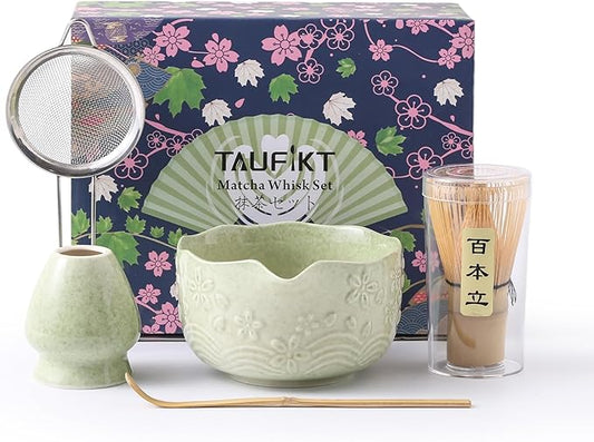 Matcha Whisk Set, 5 Pcs Ceramic Matcha Set, Matcha Kit Set Includes Matcha Bowl, Matcha Whisk and Holder, Bamboo Scoop and Sifter, Matcha Tea Set, Ideal Gift for Family/Friend (Cyan)