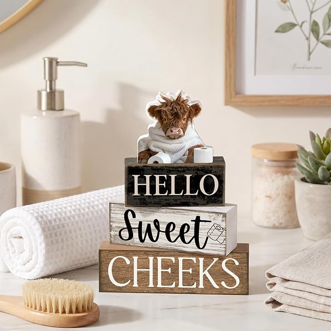 Moucuny 4 Pcs Highland Cow Bathroom Decor Farmhouse Bathroom Decor and Accessories Highland Cow Table Centerpiece Western Hello Sweet Cheeks Decoration for Home Office