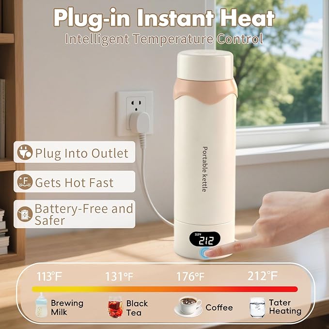 Portable Electric Kettle 16oz - Mini Travel Kettle Vacuum Insulation 304 Stainless Steel Small Water Boiler for Coffee, Tea - 4 Adjustable Temperature and Automatic Shut-off with Kettle Bag