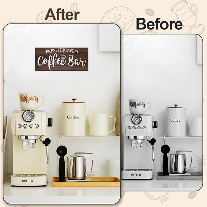 Rustic Coffee Bar Sign Wall Decor - Vintage Wood Grain Hanging Plaque for Kitchen, Cafe Bar Home Housewarming - Farmhouse Style Coffee Station Accessories, Self Serve Fresh Brewed Sign - 13.7x5.9 Inch