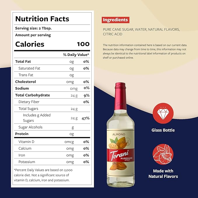 Torani Puremade Syrup, Almond Flavoring for Drinks, Glass Bottle with Pump Included, 25.4 Fl Oz