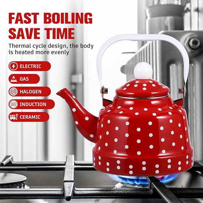 1.8 Quart Vintage Tea Kettle,Enamel Tea Kettle with Handle Cute Stovetop,Enamel on Steel Water Coffee,Colorful Hot Water Kettle for Home Kitchen Decor, No Whistling