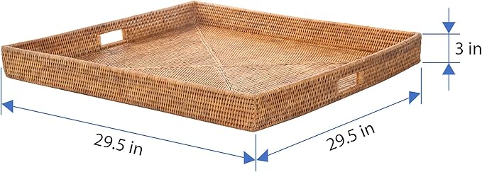 KOUBOO La Jolla Rattan Tray, Square Woven Tray - Decorative Coffee Table, Breakfast Tray, Home Decor, Serving & Basket Style, Extra Large, Honey-Brown