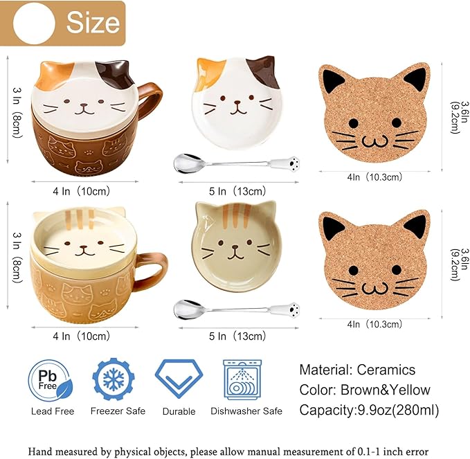 BigNoseDeer 2PCS Cute Mug Kawaii Cat Tea Cup Ceramic Coffee Mug with Lid,Tea Cups and Saucers for Dessert Cute Gifts Cat Lover Gift for Women Anime Christmas Gifts for Women 10oz (Yellow+Brown)